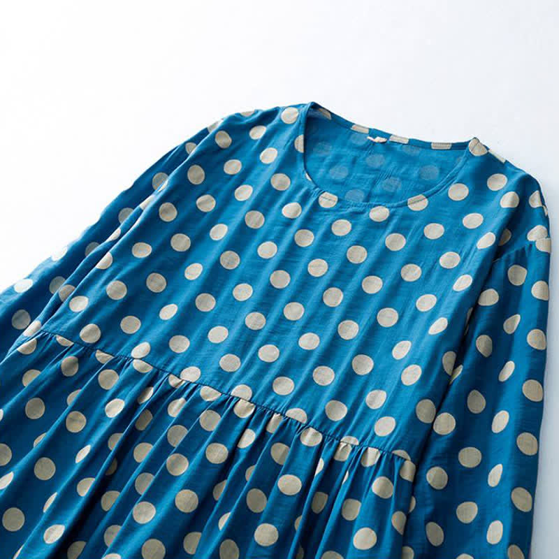 Buddha Stones Abito da donna primaverile casual vintage a pois blu e bianchi con maniche lunghe e tasche. - image 3