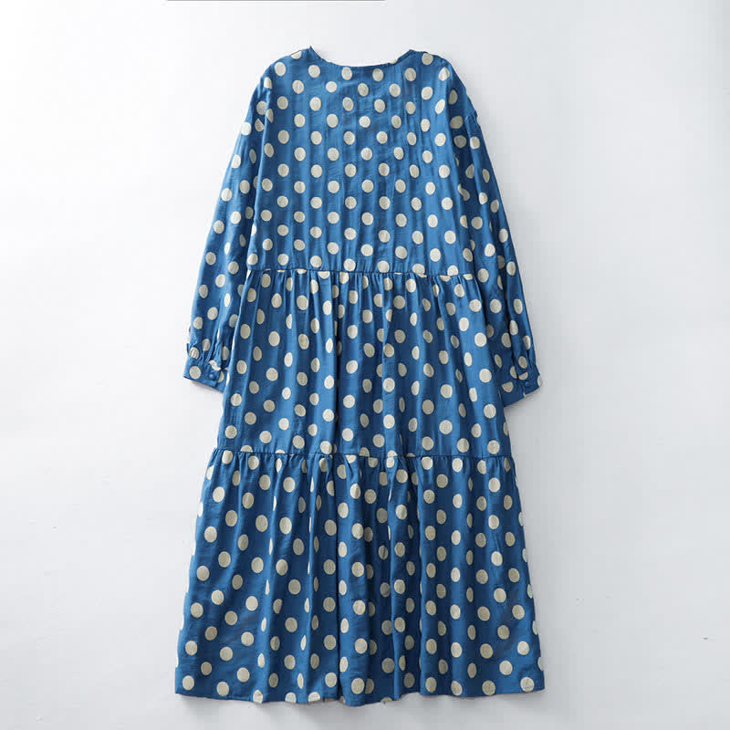 Buddha Stones Abito da donna primaverile casual vintage a pois blu e bianchi con maniche lunghe e tasche. - image 1