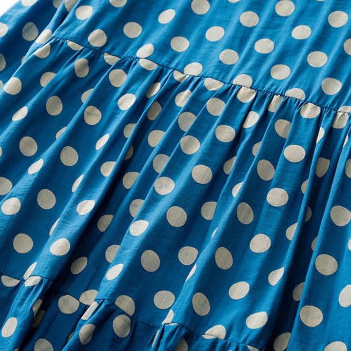 Buddha Stones Abito da donna primaverile casual vintage a pois blu e bianchi con maniche lunghe e tasche. - image 6
