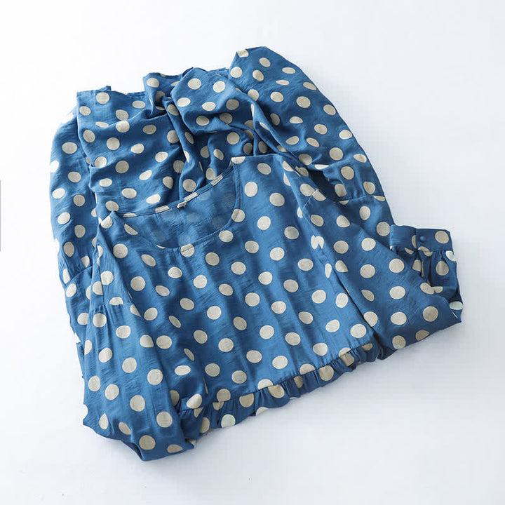Buddha Stones Abito da donna primaverile casual vintage a pois blu e bianchi con maniche lunghe e tasche. - image 2