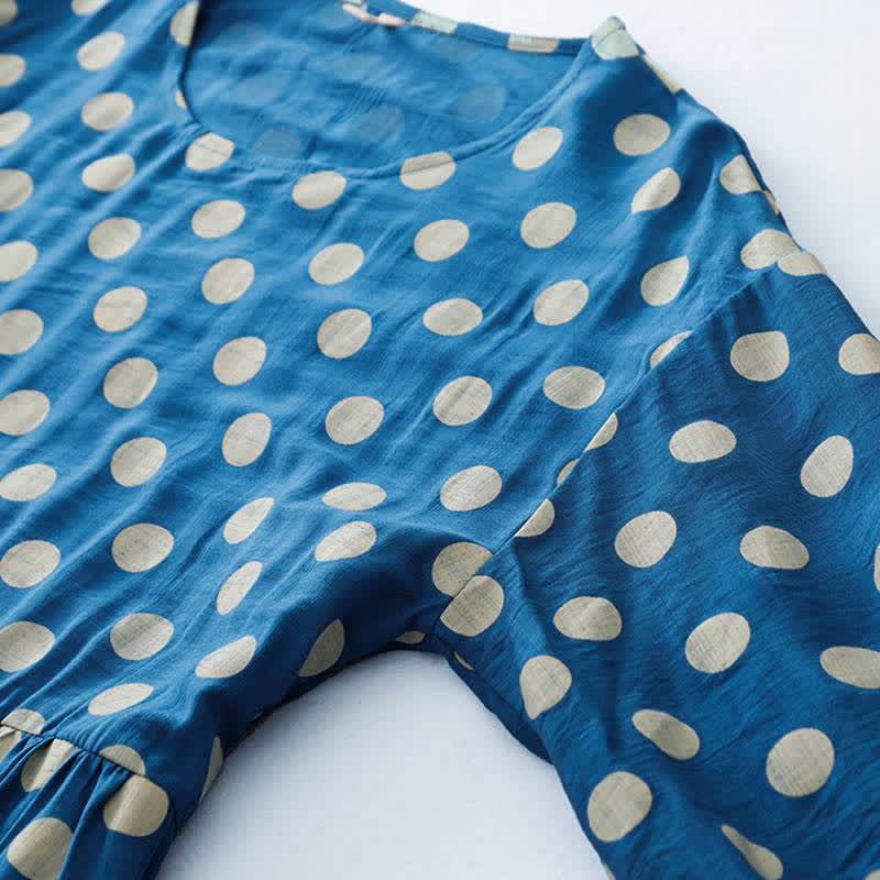 Buddha Stones Abito da donna primaverile casual vintage a pois blu e bianchi con maniche lunghe e tasche. - image 8