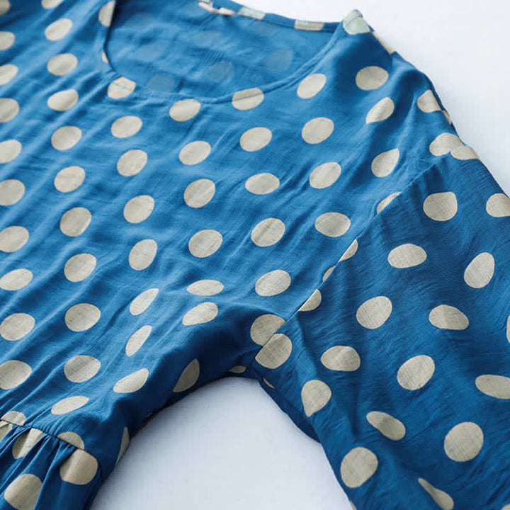 Buddha Stones Abito da donna primaverile casual vintage a pois blu e bianchi con maniche lunghe e tasche. - image 8