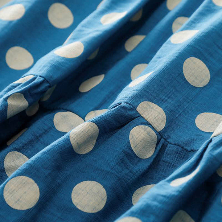 Buddha Stones Abito da donna primaverile casual vintage a pois blu e bianchi con maniche lunghe e tasche. - image 7