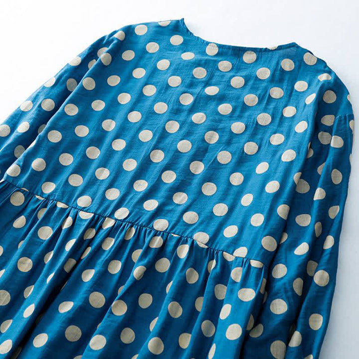 Buddha Stones Abito da donna primaverile casual vintage a pois blu e bianchi con maniche lunghe e tasche. - image 4