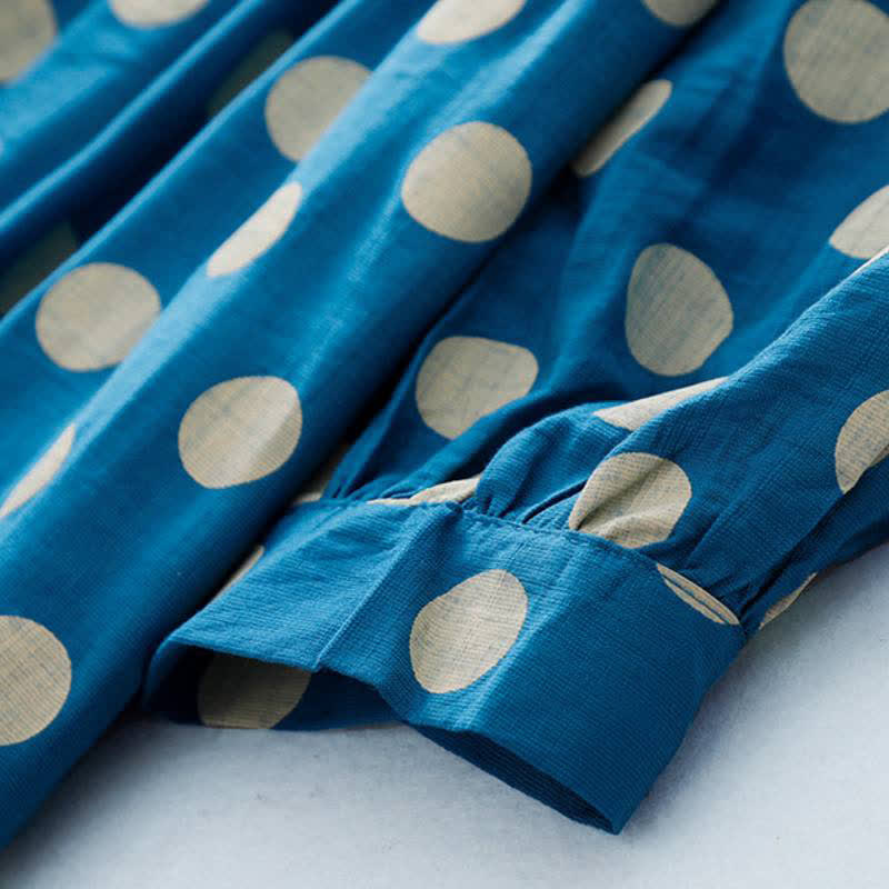 Buddha Stones Abito da donna primaverile casual vintage a pois blu e bianchi con maniche lunghe e tasche. - image 9