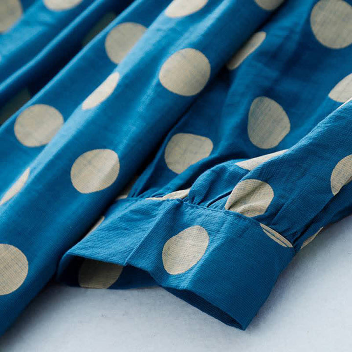 Buddha Stones Abito da donna primaverile casual vintage a pois blu e bianchi con maniche lunghe e tasche. - image 9