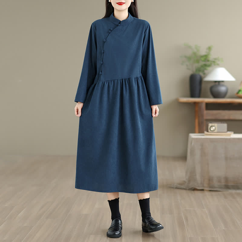 Buddha Stones Abito da donna a maniche lunghe, tinta unita, stile vintage Tang, con bottoni a rana e tasca, perfetto per l'autunno. - Marina - US8-10, UK/AU12-14, EU40-42 (2XL) - image 0