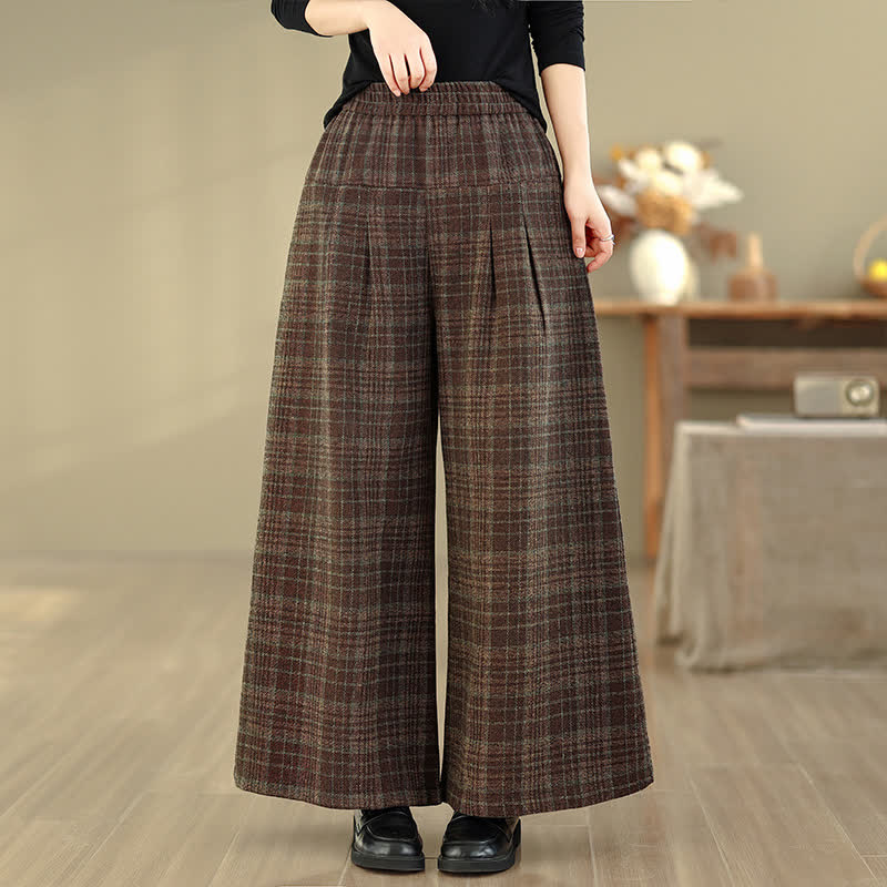 Buddha Stones Pantaloni corti da donna a gamba dritta con elastico in vita e motivo a quadri, stile vintage autunno/inverno, con tasca. - Marrone sella - US8-10, UK/AU12-14, EU40-42 (2XL) - image 0