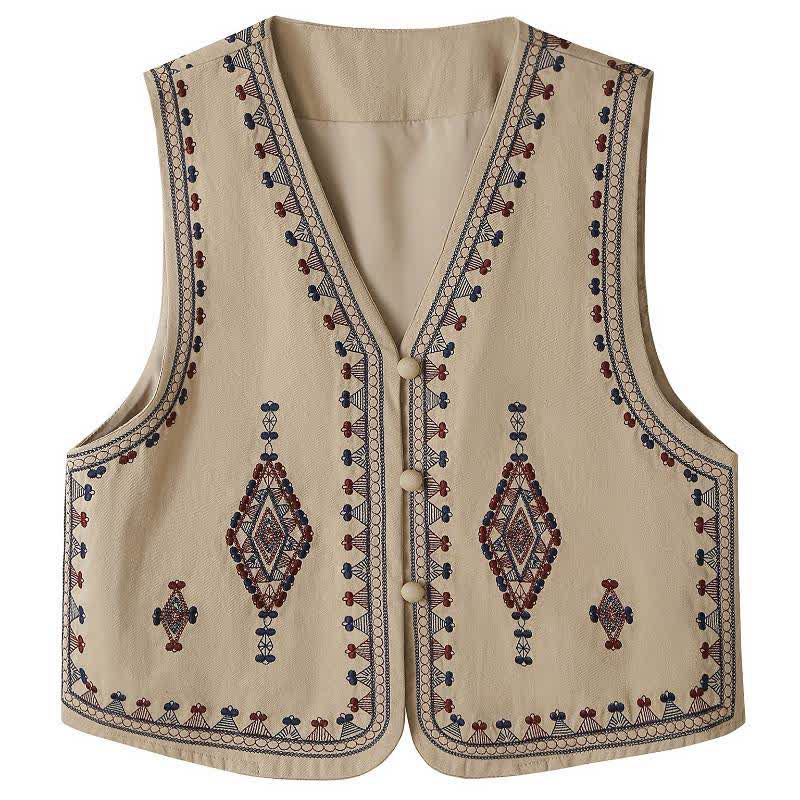 Buddha Stones Canotta estiva boho vintage con ricami geometrici, senza maniche da donna - Tan - US8-10, UK/AU12-14, EU40-42 (2XL) - image 0