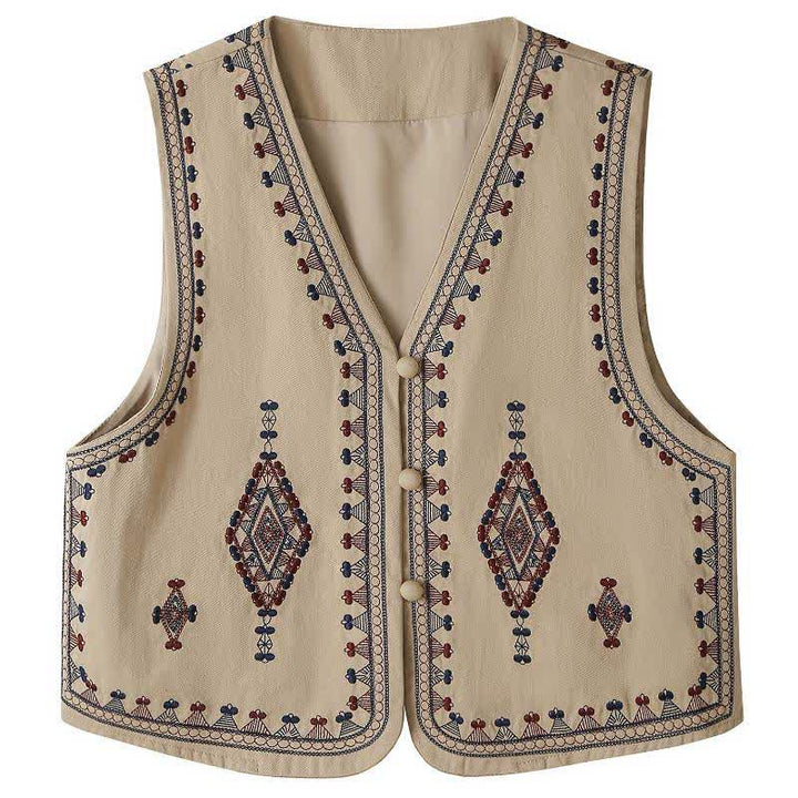 Buddha Stones Canotta estiva boho vintage con ricami geometrici, senza maniche da donna - Tan - US8-10, UK/AU12-14, EU40-42 (2XL) - image 0