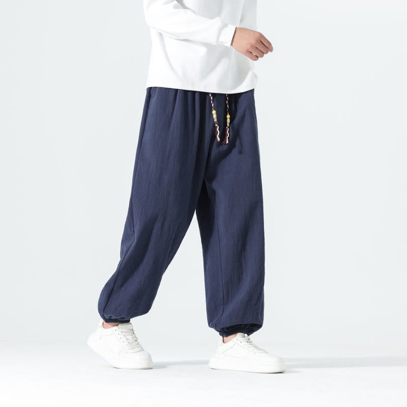 Buddha Stones Pantaloni alla caviglia da uomo in cotone tinta unita, casual, minimalisti, con coulisse, per primavera/estate. Pantaloni affusolati con tasche. - image 1