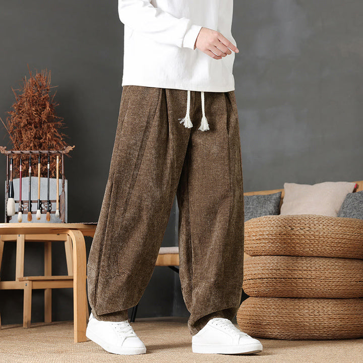 Buddha Stones Pantaloni casual autunno/inverno vintage con coulisse, tinta unita, in velluto a coste, da uomo, gamba dritta con tasche. - image 13