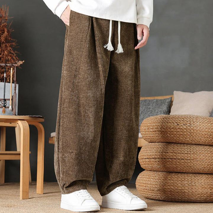Buddha Stones Pantaloni casual autunno/inverno vintage con coulisse, tinta unita, in velluto a coste, da uomo, gamba dritta con tasche. - image 14