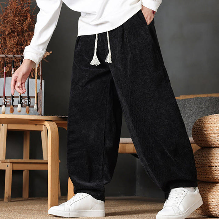 Buddha Stones Pantaloni casual autunno/inverno vintage con coulisse, tinta unita, in velluto a coste, da uomo, gamba dritta con tasche. - image 20