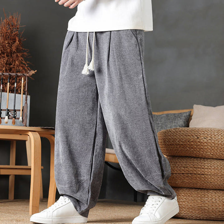 Buddha Stones Pantaloni casual autunno/inverno vintage con coulisse, tinta unita, in velluto a coste, da uomo, gamba dritta con tasche. - image 3