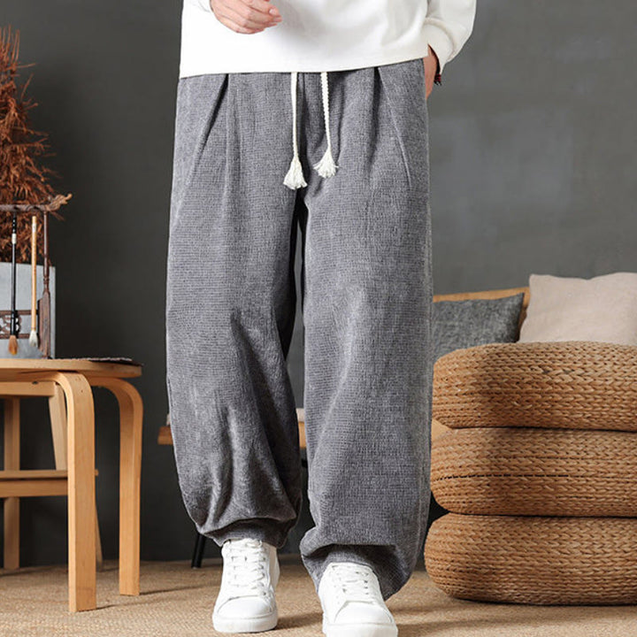 Buddha Stones Pantaloni casual autunno/inverno vintage con coulisse, tinta unita, in velluto a coste, da uomo, gamba dritta con tasche. - image 7