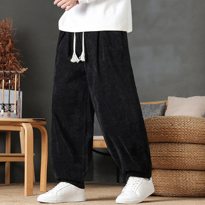 Buddha Stones Pantaloni casual autunno/inverno vintage con coulisse, tinta unita, in velluto a coste, da uomo, gamba dritta con tasche. - image 17