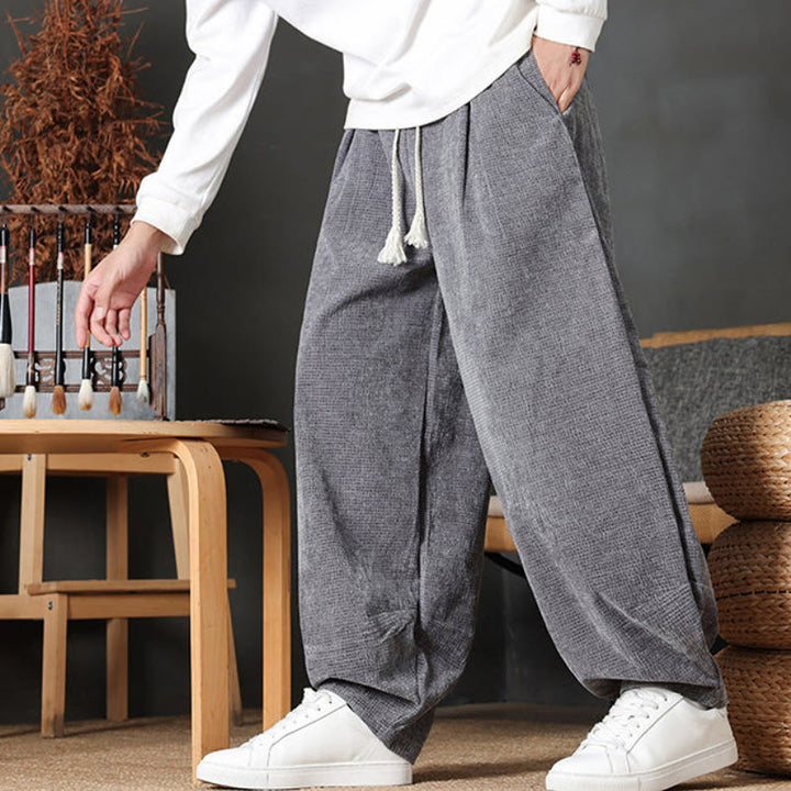 Buddha Stones Pantaloni casual autunno/inverno vintage con coulisse, tinta unita, in velluto a coste, da uomo, gamba dritta con tasche. - image 6