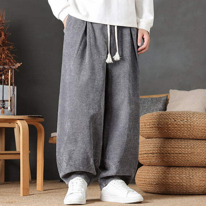 Buddha Stones Pantaloni casual autunno/inverno vintage con coulisse, tinta unita, in velluto a coste, da uomo, gamba dritta con tasche. - image 1