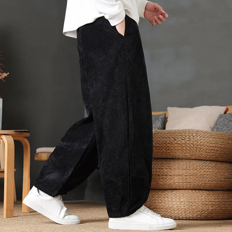 Buddha Stones Pantaloni casual autunno/inverno vintage con coulisse, tinta unita, in velluto a coste, da uomo, gamba dritta con tasche. - image 18
