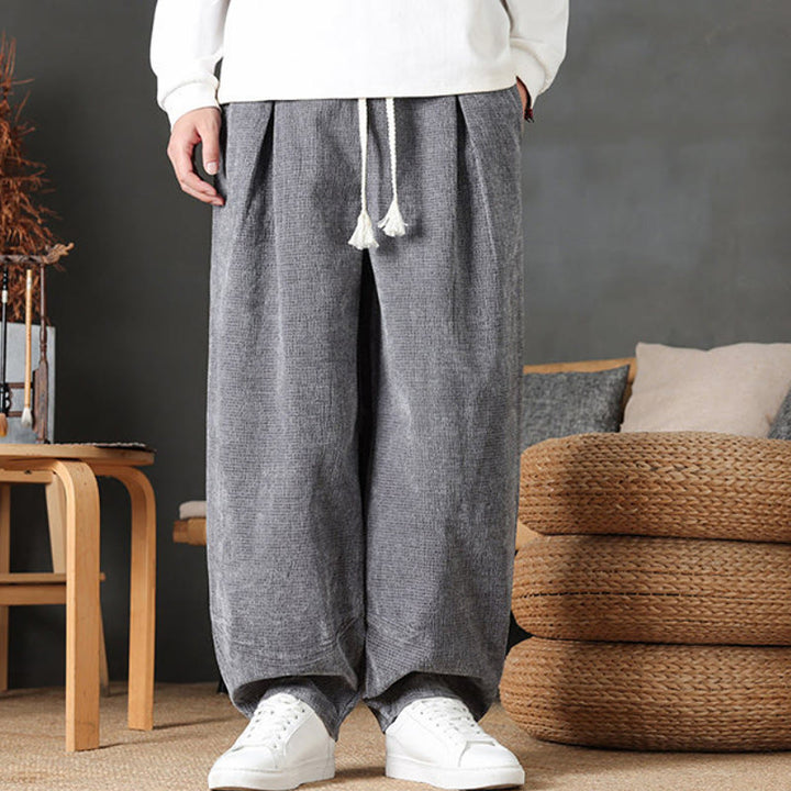 Buddha Stones Pantaloni casual autunno/inverno vintage con coulisse, tinta unita, in velluto a coste, da uomo, gamba dritta con tasche. - image 2