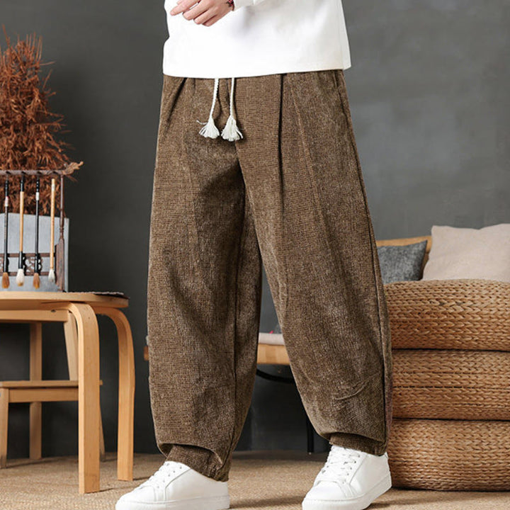 Buddha Stones Pantaloni casual autunno/inverno vintage con coulisse, tinta unita, in velluto a coste, da uomo, gamba dritta con tasche. - image 25