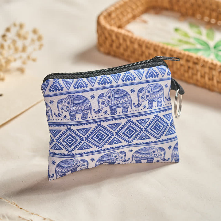 Buddha Stones Portafoglio bohémien con cerniera blu e bianca a forma di elefante portafortuna - Stampa con elefante (circa 11,3 cm × 9,3 cm) - image 0