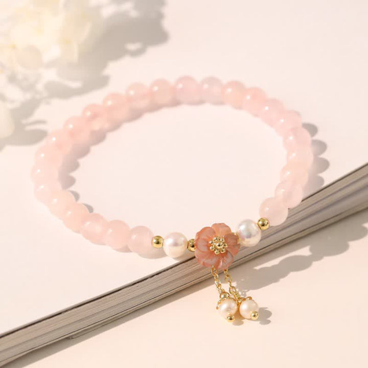 Buddha Stones Braccialetto con ciondolo a forma di fiore e perla di quarzo rosa, amore - image 2