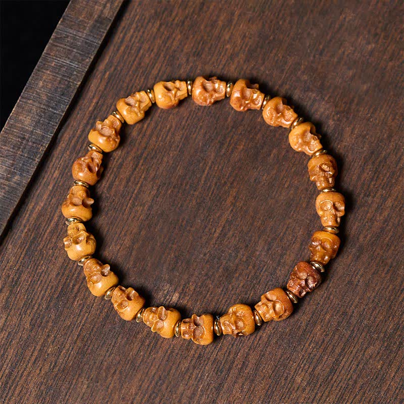 Buddha Stones Bracciale tibetano "Nuovo Inizio" con teschio intagliato a mano in osso. - Perla d'osso - image 0