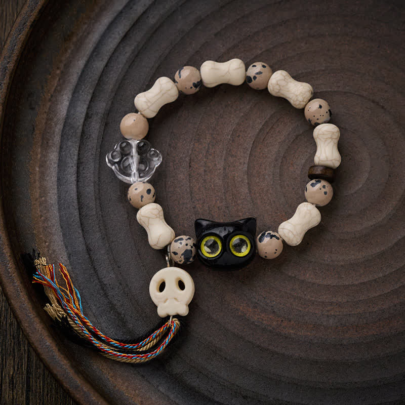 Buddha Stones Braccialetto del coraggio con design a teschio di gatto e ossa - image 1