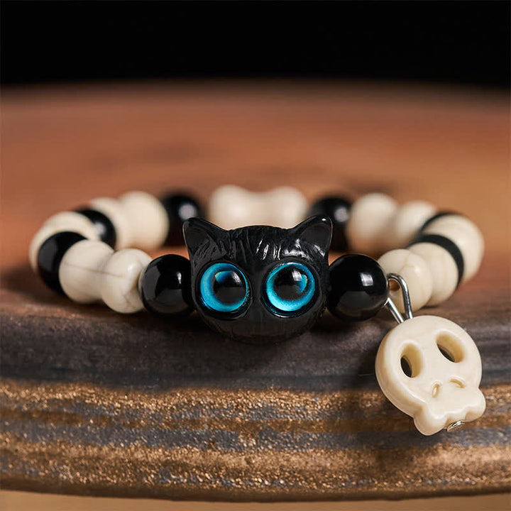 Buddha Stones Braccialetto con teschio e gatto nero, simbolo di forza e resistenza - Gatto dagli occhi azzurri - image 0