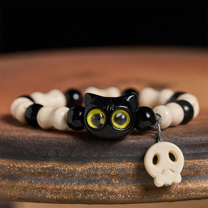 Buddha Stones Braccialetto con teschio e gatto nero, simbolo di forza e resistenza - Gatto dagli occhi gialli - image 8