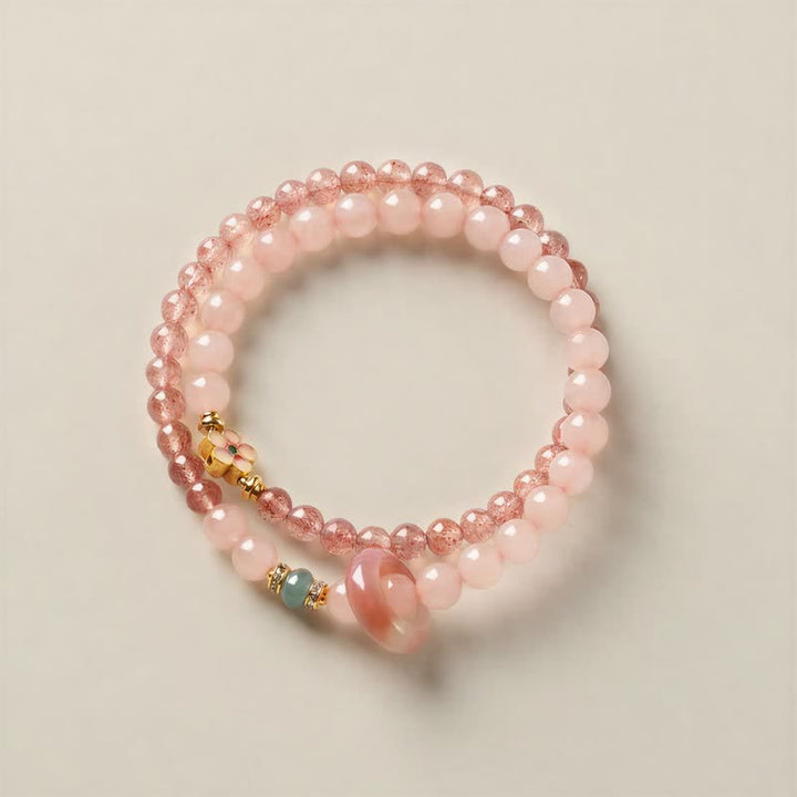 Buddha Stones Bracciale doppio giro con quarzo fragola naturale, quarzo rosa, fiore di pesco e amore - image 1