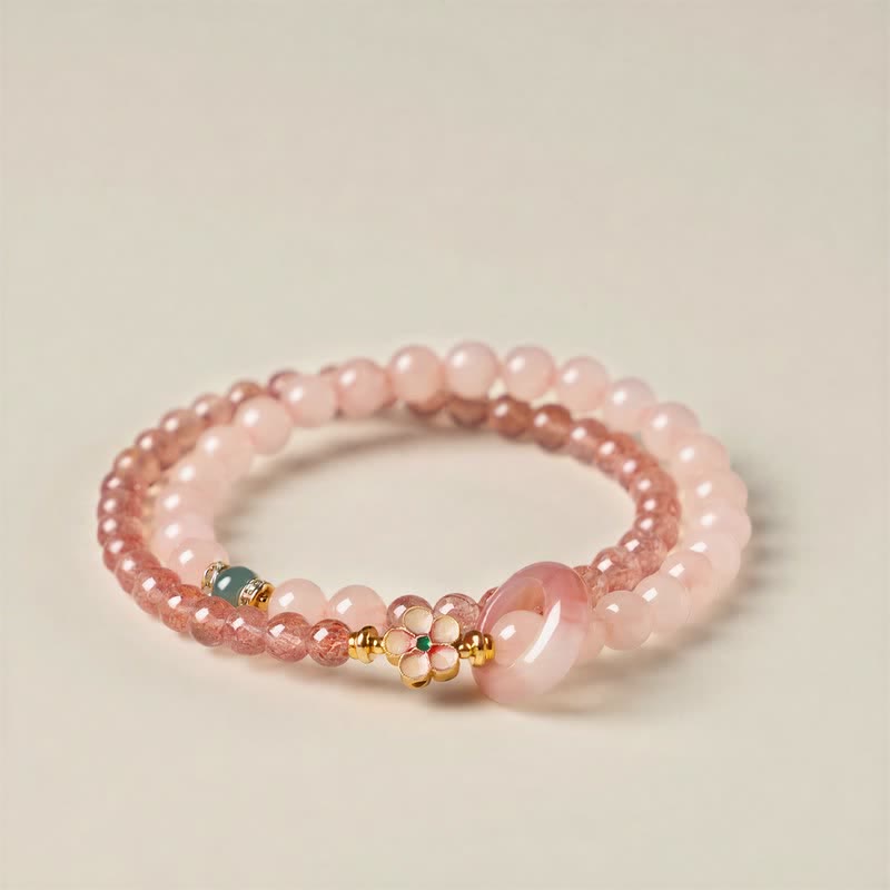 Buddha Stones Bracciale doppio giro con quarzo fragola naturale, quarzo rosa, fiore di pesco e amore - Fiore di pesco (Circonferenza del polso: 5,9–6,3 pollici/15–16 cm) - image 0