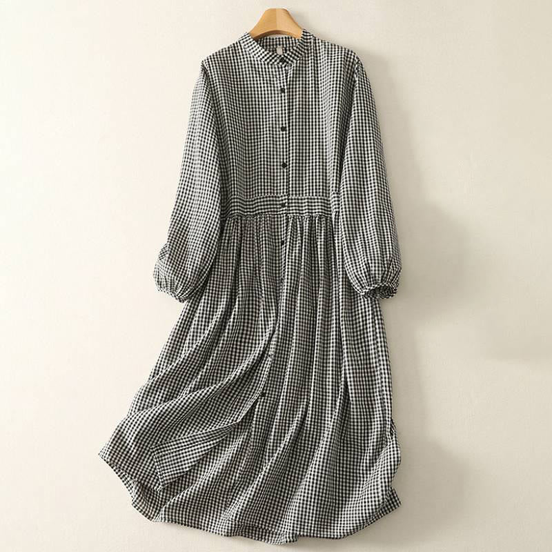 Buddha Stones Abito da donna a maniche lunghe, casual, con colletto alla coreana e fantasia a quadri, ideale per primavera e autunno, con tasca. - Nero - US8-10, UK/AU12-14, EU40-42 (2XL) - image 0