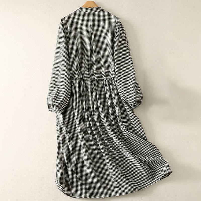 Buddha Stones Abito da donna a maniche lunghe, casual, con colletto alla coreana e fantasia a quadri, ideale per primavera e autunno, con tasca. - image 1