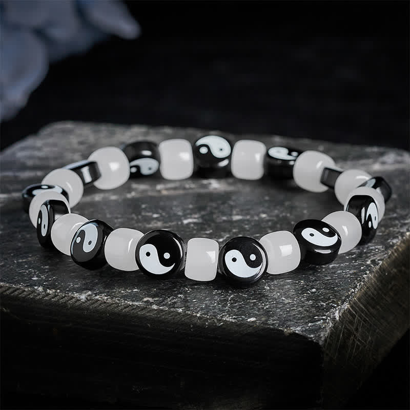 Buddha Stones Braccialetto di equilibrio Liuli Yin Yang con perline bianche e nere - image 1