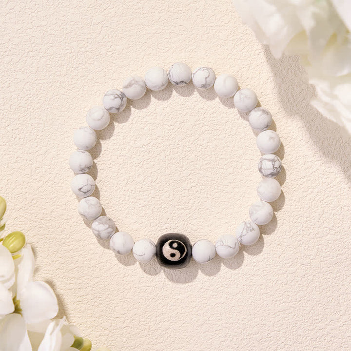 Buddha Stones Bracciale rotondo con perline in onice nera, turchese bianco e simbolo Yin Yang, equilibrio Yin Yang. - image 4