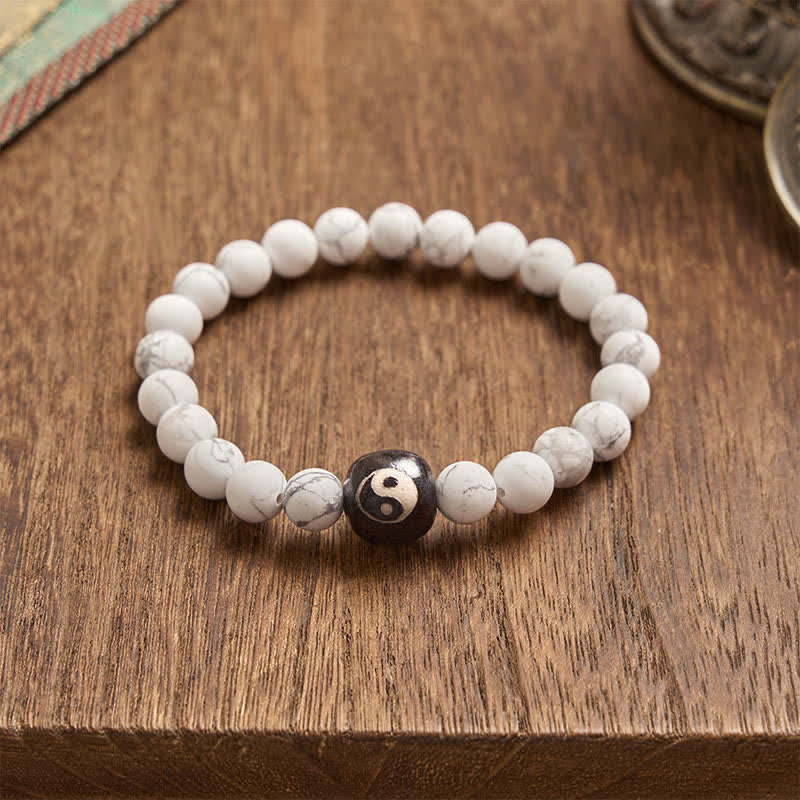 Buddha Stones Bracciale rotondo con perline in onice nera, turchese bianco e simbolo Yin Yang, equilibrio Yin Yang. - image 3
