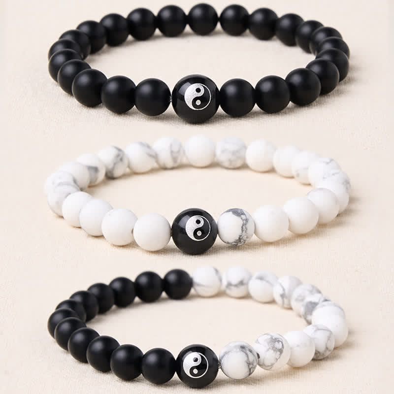 Buddha Stones Bracciale con perline rotonde Yin Yang in onice nera, turchese bianco e ossidiana nera, con motivo Yin Yang. - image 23