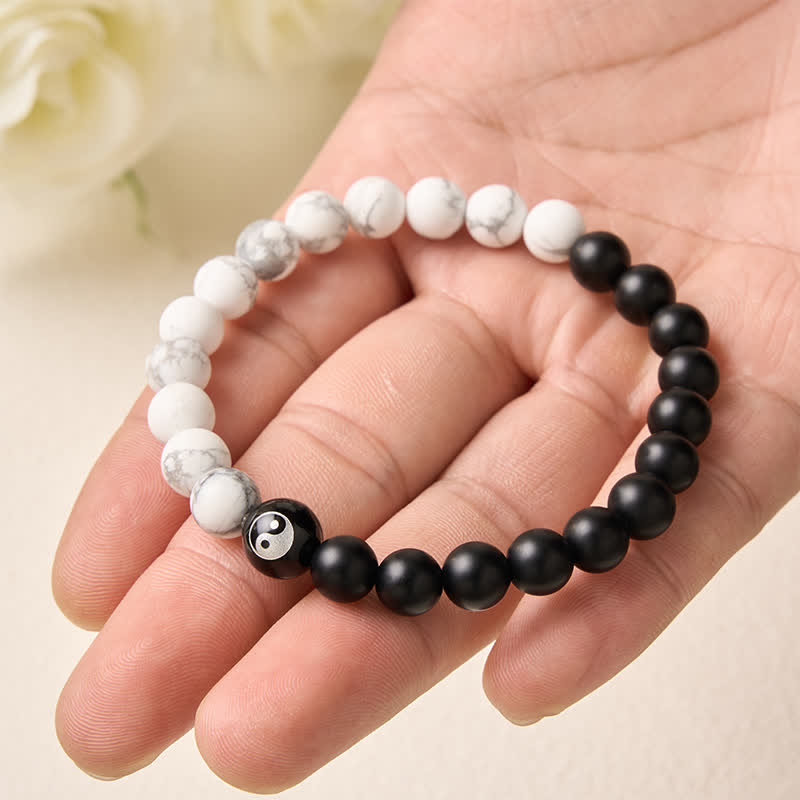 Buddha Stones Bracciale con perline rotonde Yin Yang in onice nera, turchese bianco e ossidiana nera, con motivo Yin Yang. - image 21