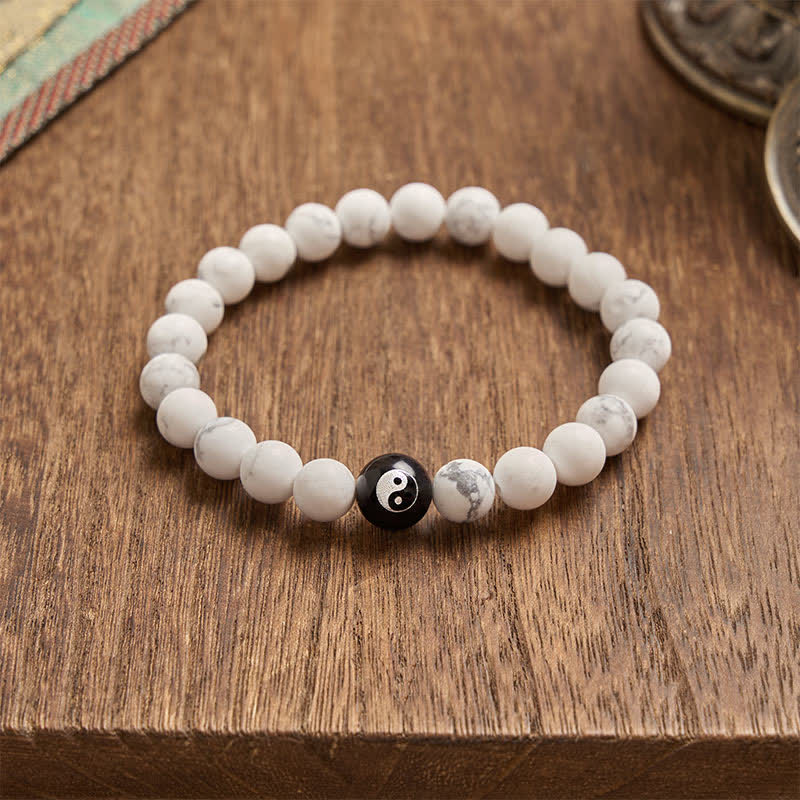 Buddha Stones Bracciale con perline rotonde Yin Yang in onice nera, turchese bianco e ossidiana nera, con motivo Yin Yang. - image 14
