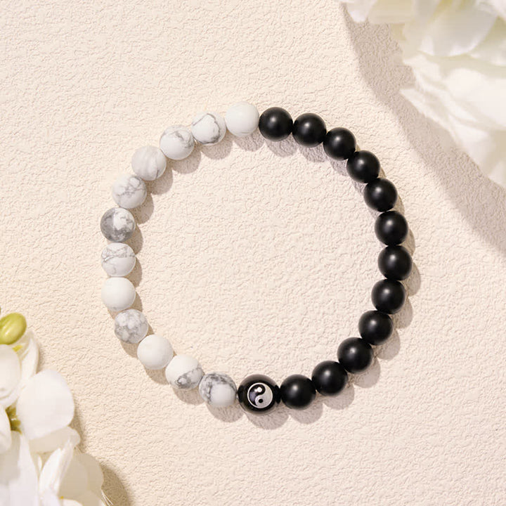 Buddha Stones Bracciale con perline rotonde Yin Yang in onice nera, turchese bianco e ossidiana nera, con motivo Yin Yang. - image 22