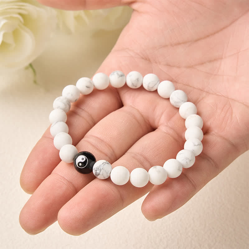 Buddha Stones Bracciale con perline rotonde Yin Yang in onice nera, turchese bianco e ossidiana nera, con motivo Yin Yang. - image 15