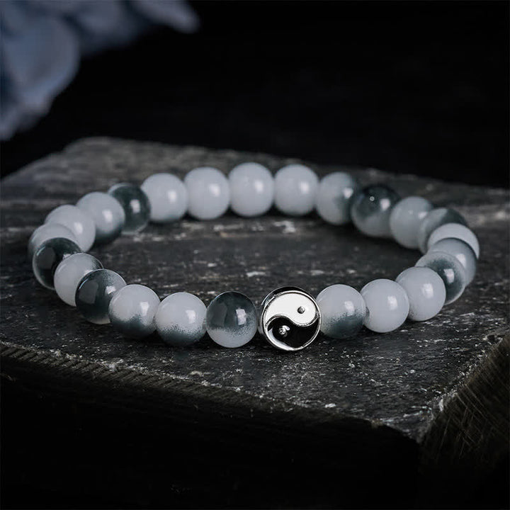 Buddha Stones Bracciale bicolore Yin Yang con perline piatte in lega e vetro. - image 5