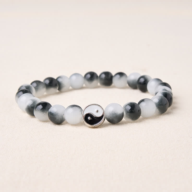 Buddha Stones Bracciale bicolore Yin Yang con perline piatte in lega e vetro. - Yin Yang (circonferenza del polso: 5,9–6,3 pollici/15–16 cm) - image 0