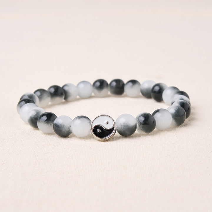 Buddha Stones Bracciale bicolore Yin Yang con perline piatte in lega e vetro. - Yin Yang (circonferenza del polso: 5,9–6,3 pollici/15–16 cm) - image 0