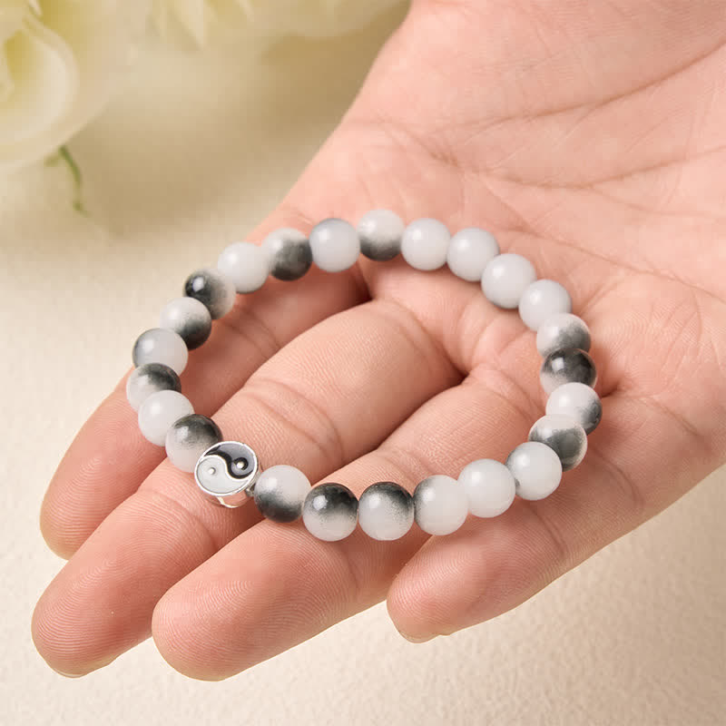 Buddha Stones Bracciale bicolore Yin Yang con perline piatte in lega e vetro. - image 4
