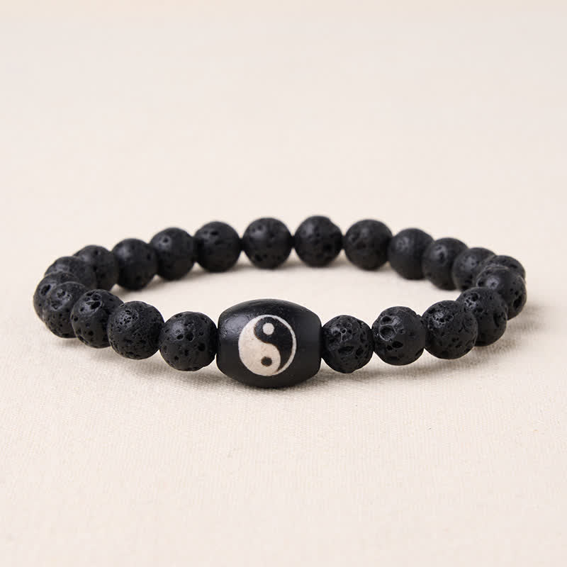 Buddha Stones Bracciale di supporto con perline Yin Yang in onice nera e pietra lavica. - Roccia lavica (Circonferenza del polso: 15-16 cm) - image 0