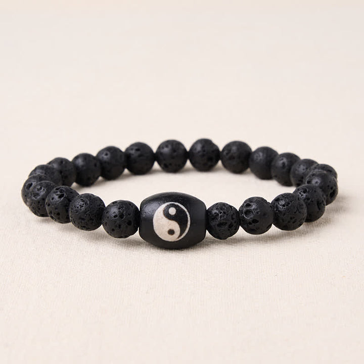 Buddha Stones Bracciale di supporto con perline Yin Yang in onice nera e pietra lavica. - Roccia lavica (Circonferenza del polso: 15-16 cm) - image 0